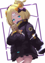 Rule 34 | 1girl, abigail williams (fate), abigail williams (traveling outfit) (fate), absurdres, artist request, bandaid, bandaid on face, bandaid on forehead, belt, black bow, black jacket, blonde hair, blue eyes, blush, bow, breasts, crossed bandaids, fate/grand order, fate (series), forehead, hair bow, hair bun, heroic spirit traveling outfit, high collar, highres, holding, holding stuffed toy, jacket, long hair, long sleeves, looking at viewer, multiple bows, hugging object, official alternate costume, orange belt, orange bow, parted bangs, polka dot, polka dot bow, single hair bun, sleeves past fingers, sleeves past wrists, small breasts, solo, stuffed animal, stuffed toy, teddy bear, thighs, white background