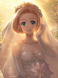 Rule 34 | 1girl, bare shoulders, bianca (dq5), blonde hair, blue eyes, blurry, blurry background, bridal gauntlets, bridal veil, collarbone, dragon quest, dragon quest v, dress, earrings, elbow gloves, flower, gloves, hair flower, hair ornament, hand up, highres, jewelry, kyoujixxx, lips, long hair, looking at viewer, parted lips, sleeveless, sleeveless dress, solo, sunlight, teeth, upper body, veil, wedding dress, white dress, white flower, white gloves