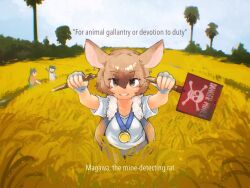 Rule 34 | 3girls, animal ears, arms up, breaking, brown hair, bruise, bruised eye, cowboy shot, day, english text, fingerless gloves, fisheye, fur collar, gambian rat (kemono friends), gloves, grass, grin, hair between eyes, highres, holding, holding sign, injury, kemono friends, looking at viewer, medal, medium hair, mouse ears, multicolored hair, multiple girls, open clothes, open vest, outdoors, pants, shirt, short sleeves, sign, smile, solo focus, toki reatle, vest, warning sign, white shirt