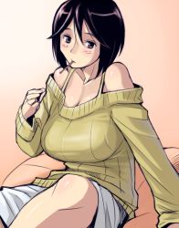 Rule 34 | 00s, 1girl, arm support, bare shoulders, blush, breasts, brown eyes, brown hair, casual, large breasts, mouth hold, aged up, pocky, rozen maiden, short hair, sitting, solo, souseiseki, sweater, tsuda nanafushi