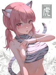 Rule 34 | 1girl, 2022, absurdres, animal ears, animal print, bare arms, bare shoulders, breasts, clothes pull, crop top, facial mark, frown, highres, large breasts, long hair, looking at viewer, midori xu, midriff, navel, original, parted lips, pink hair, pulling own clothes, red eyes, revealing clothes, shirt, shirt pull, sideboob, sleeveless, sleeveless shirt, solo, stomach, tail, tiger ears, tiger girl, tiger print, tiger tail, twintails, upper body, white shirt