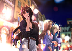 Rule 34 | 3girls, :d, absurdres, alternate costume, animal ears, antlers, aqua eyes, arknights, bare shoulders, belt, black hair, black shirt, blue dress, blurry, blurry background, breasts, brown hair, building, casual, cleavage, clothing cutout, commentary request, dress, firewatch (arknights), from side, grey hair, grey pants, hair between eyes, highres, horns, long hair, looking at viewer, medium breasts, meteor (arknights), meteorite (arknights), multiple girls, night, night sky, open mouth, outdoors, pants, pointy ears, ponytail, profile, purple dress, shijie jianfa, shirt, shoulder cutout, sky, smile, very long hair