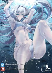 Rule 34 | 1girl, ass, bikini, blue eyes, breast tattoo, breasts, closed mouth, ethel (xenoblade), excaliblader, grey hair, large breasts, long hair, looking at viewer, solo, swimsuit, tattoo, underwater, very long hair, water, xenoblade chronicles (series), xenoblade chronicles 3