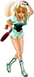 Rule 34 | 1990s (style), 1girl, absurdres, blonde hair, boots, breasts, cleavage, dog, excel, excel saga, frying pan, gloves, green eyes, green footwear, highres, long hair, low-tied long hair, medium breasts, menchi, retro artstyle, rikudou koushi, solo
