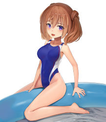 Rule 34 | 1girl, alice gear aegis, bare arms, bare legs, bare shoulders, barefoot, blue one-piece swimsuit, breasts, brown hair, commentary request, competition swimsuit, covered navel, fang, highleg, highleg swimsuit, highres, innertube, kimikage yui, large breasts, looking at viewer, medium hair, one-piece swimsuit, purple eyes, solo, straddling, sunga2usagi, swim ring, swimsuit, twintails, two-tone swimsuit, white one-piece swimsuit
