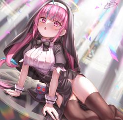 Rule 34 | 1girl, :o, absurdres, ahoge, anchor hair ornament, anchor symbol, arm support, black bow, black bowtie, black dress, blue hair, blunt bangs, blush, bow, bowtie, breasts, brown thighhighs, colored inner hair, dress, hair ornament, hands on floor, highres, hololive, large breasts, long hair, miko no kamiko, minato aqua, multicolored hair, neko (minato aqua), nun, on floor, open mouth, pelvic curtain, pink eyes, pink hair, short sleeves, sidelocks, signature, solo, streaked hair, thighhighs, thighs, twintails, two-tone hair, virtual youtuber, wrist cuffs