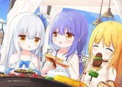 Rule 34 | 3girls, :d, ^ ^, bare arms, bare shoulders, blonde hair, blue bow, blush, bow, brown choker, brown eyes, choker, closed eyes, closed mouth, collarbone, commentary request, cooking, corn, corn cob, day, dress, eating, food, grill, grilling, hair ribbon, holding, holding food, holding plate, meat, multiple girls, one side up, open mouth, original, parted lips, plate, purple hair, ribbon, silver hair, sleeveless, sleeveless dress, smile, tongs, white dress, white ribbon, yuuhagi (amaretto-no-natsu)