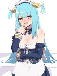Rule 34 | 1girl, azur lane, bare shoulders, blue bow, blue bowtie, blue hair, blush, bow, bowtie, breasts, brown eyes, clam, cleavage, cleavage cutout, clothing cutout, detached collar, eyelashes, finger to mouth, hair ornament, highres, long hair, looking at viewer, maid headdress, medium breasts, neptune (azur lane), nezuko, open mouth, see-through, simple background, solo, tongue, two side up, very long hair, white background