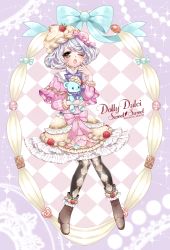 Rule 34 | 1girl, argyle, argyle background, argyle clothes, bad id, bad pixiv id, beige skirt, black eyes, black pantyhose, blue bow, blush, boots, bow, bowtie, brown footwear, candy, capelet, cream teddy (show by rock!!), english text, food, fruit, full body, group name, hat, heart, highres, holding, holding stuffed toy, lace, light purple hair, long sleeves, macaron, mamaloni, nail polish, one eye closed, open mouth, pantyhose, pink shirt, purple background, purple bow, purple bowtie, purple nails, raspberry, shirt, short hair, show by rock!!, solo, sparkle, stuffed animal, stuffed toy, swept bangs, teddy bear, twitter username, whipped cream, wrapped candy, yawning