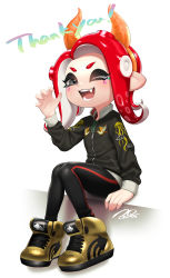 Rule 34 | 1girl, ;d, absurdres, black jacket, claw pose, commission, fake horns, full body, grey eyes, hairband, hand up, highres, horns, jacket, knees together feet apart, long hair, long sleeves, looking at viewer, nintendo, octoling, octoling girl, octoling player character, one eye closed, open mouth, orange hairband, orange horns, puchiman, red hair, shoes, simple background, single vertical stripe, sitting, skeb commission, smile, solo, splatoon (series), suction cups, teeth, tentacle hair, white background, zipper, zipper pull tab