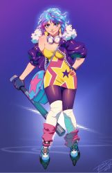 Rule 34 | 1girl, bag, bare shoulders, baseball bat, breasts, cleavage, dress, earrings, fingerless gloves, gloves, goggles, hand on own hip, highres, inline skates, jacket, jewelry, large breasts, layered legwear, leg warmers, multicolored hair, off shoulder, pantyhose, purple eyes, ramona flowers, robaato, roller skates, scott pilgrim (series), shiny clothes, signature, skates, smile, solo, star (symbol), thigh gap