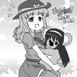 Rule 34 | 1girl, :d, animal, animalization, belt, birthday, blunt bangs, character name, collared shirt, commentary request, dated, girls und panzer, greyscale, hairband, holding, holding animal, koala, koala forest military uniform, long hair, looking at viewer, monochrome, nanashiro gorou, notice lines, open mouth, partial commentary, reizei mako, sam browne belt, shirt, short sleeves, shorts, sitting, slouch hat, smile, sparkle, takebe saori, thighhighs, translated