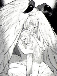 Rule 34 | 2girls, body fur, chimera, comforting, completely nude, dungeon meshi, elf, empty eyes, facing ahead, falin touden, falin touden (chimera), feathered wings, greyscale, hair down, hand on another&#039;s head, highres, hug, long hair, long sleeves, looking down, marcille donato, monochrome, monster girl, multiple girls, nude, pajamas, pants, pointy ears, short hair, sitting, smile, spoilers, toshio (zxmsry), wings