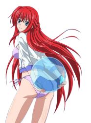 Rule 34 | 10s, 1girl, aqua eyes, arms behind back, ass, ball, beachball, bikini, floating hair, from behind, hair between eyes, high school dxd, holding, holding ball, jacket, long hair, looking at viewer, looking back, open clothes, open jacket, purple bikini, red hair, rias gremory, shiny skin, side-tie bikini bottom, smile, solo, standing, swimsuit, transparent background, very long hair, white jacket