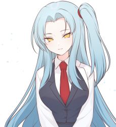 Rule 34 | 1girl, angela (project moon), black jacket, blazer, blue hair, buttons, closed mouth, collared shirt, commentary, hair intakes, highres, jacket, lapels, light smile, lobotomy corporation, long hair, long sleeves, mntt re4, necktie, one side up, project moon, red necktie, shirt, simple background, solo, upper body, white background, white jacket, white shirt, yellow eyes