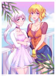Rule 34 | 2girls, beach, blonde hair, blue eyes, breasts, card, cleavage, commentary request, crossed arms, dress, highres, jacket, kio rojine, miniskirt, multiple girls, prosthesis, prosthetic arm, purple eyes, rwby, scar, scar across eye, scar on face, skirt, weiss schnee, white hair, yang xiao long