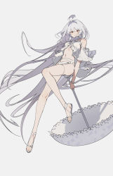 Rule 34 | absurdres, arms behind back, bad id, bad twitter id, bikini, fate/prototype, fate (series), frilled bikini, frills, full body, grey background, grey theme, highres, lady avalon (fate), lady avalon (second ascension) (fate), long hair, looking at viewer, merlin (fate/prototype), red eyes, simple background, swimsuit, thighs, very long hair, white bikini, white hair, white theme, zhibuji loom