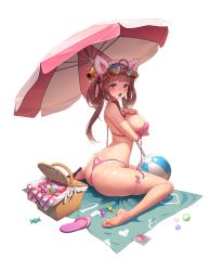 Rule 34 | 1girl, ahoge, animal ears, ass, ass cutout, basket, bikini, blanket, breasts, brown hair, character request, clothing cutout, destiny child, eyewear on head, fake animal ears, flip-flops, heart, heart-shaped eyewear, heart cutout, large breasts, long hair, looking at viewer, nasaca, official art, open mouth, pakhet (destiny child), parasol, pink bikini, pink eyes, sandals, simple background, sitting, solo, swimsuit, thigh strap, transparent background, umbrella, wariza