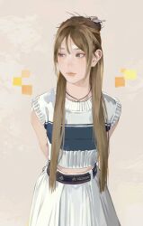 Rule 34 | 1girl, absurdres, animification, arms behind back, brown hair, closed mouth, haerin (newjeans), hair between eyes, highres, jewelry, k-pop, kyuuba melo, light brown hair, lips, long hair, looking away, necklace, newjeans, real life, sidelocks, skirt, sleeveless, solo, white skirt