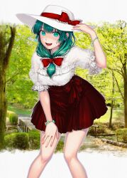 Rule 34 | 1girl, alternate costume, bow, bracelet, braid, commentary request, feet out of frame, frilled bow, frilled shirt, frilled sleeves, frills, front ponytail, green eyes, green hair, hair bow, hand on headwear, hand on own leg, hand up, hat, hat bow, highres, jewelry, kageharu, kagiyama hina, long hair, looking at viewer, open mouth, outdoors, puffy short sleeves, puffy sleeves, red bow, red skirt, shirt, short sleeves, skirt, smile, solo, touhou, tree, white hat, white shirt