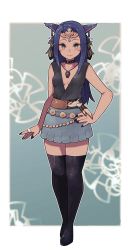 Rule 34 | 1girl, animal ears, arm at side, warrior of light (ff14), belt, belt collar, black nails, black thighhighs, black vest, blue border, blue hair, blue skirt, border, breasts, brown belt, cat ears, closed mouth, collar, commentary, commission, earrings, english commentary, facial mark, fictional persona, final fantasy, final fantasy xiv, fingernails, full body, green eyes, hand on own hip, highres, jewelry, lamb-oic029, long hair, looking at viewer, miniskirt, miqo&#039;te, nail polish, necklace, pleated skirt, ring, simple background, skeb commission, skirt, small breasts, smile, solo, square enix, thighhighs, vest, whisker markings, white background, zettai ryouiki