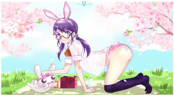 Rule 34 | 1girl, animal ears, artist logo, artist name, ass, bento, black-framed eyewear, black thighhighs, blanket, blue sky, blush, bow, bow panties, bowtie, cherry blossoms, closed mouth, commentary request, dappled sunlight, day, dress shirt, fake animal ears, fake tail, from side, glasses, grass, hair bow, hair ornament, heart, heart-shaped pupils, heart in eye, highres, juice box, lace, lace-trimmed panties, lace trim, legs, light particles, long hair, looking at viewer, no panties, object on head, on ground, original, outdoors, panties, panties on head, partial commentary, petals, pink panties, polka dot, polka dot panties, purple bow, purple eyes, purple hair, rabbit, rabbit ears, rabbit tail, red bow, red bowtie, semi-rimless eyewear, shirt, short sleeves, sky, smile, solo, sunlight, swept bangs, symbol-shaped pupils, symbol in eye, tail, teruchan, thighhighs, tree, twintails, under-rim eyewear, underwear, white shirt, wing collar