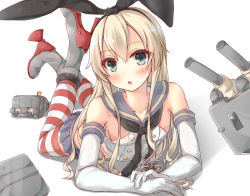 Rule 34 | 10s, 1girl, ankle boots, armored boots, blonde hair, blush, boots, dress, gloves, grey eyes, grey footwear, hair ribbon, hypertan, kantai collection, kneehighs, long hair, lying, on stomach, rensouhou-chan, ribbon, sailor dress, school uniform, serafuku, shimakaze (kancolle), socks, striped clothes, striped thighhighs, thighhighs