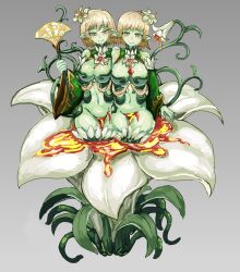 Rule 34 | 2girls, alternate hairstyle, commentary request, crotch, detached sleeves, female focus, flower, green eyes, green hair, green skirt, hair ornament, hand fan, highres, holding, liliraune (monster girl encyclopedia), looking at viewer, monster girl, monster girl encyclopedia, multiple girls, navel, nectar, nude, plant girl, pointy ears, simple background, skirt, smile, stomach, thighhighs, udetamago