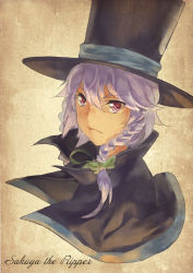 Rule 34 | 1girl, alternate costume, bow, braid, cape, character name, chinese text, cosplay, hair bow, hat, highres, izayoi sakuya, jack the ripper (cosplay), long hair, norizc, purple eyes, purple hair, solo, top hat, touhou, upper body