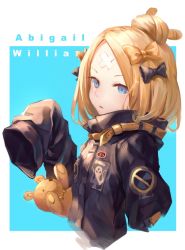 Rule 34 | 1girl, abigail williams (fate), bandaid, bandaid on face, bandaid on forehead, black bow, black coat, blonde hair, blue background, blue eyes, bow, character name, coat, commentary request, fate/grand order, fate (series), hair bow, hair bun, kami otona, long hair, long sleeves, multiple hair bows, official alternate costume, parted lips, single hair bun, sleeves past fingers, sleeves past wrists, solo, stuffed animal, stuffed toy, teddy bear, upper body, white background, yellow bow
