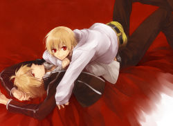 Rule 34 | 2boys, aged down, bad id, bad pixiv id, blonde hair, child, child gilgamesh (fate), dual persona, fate/hollow ataraxia, fate/stay night, fate (series), gilgamesh (fate), male focus, multiple boys, official alternate costume, red background, red eyes, school uniform, time paradox, xia (ryugo)