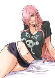 Rule 34 | 1girl, absurdres, alternate costume, belt collar, breasts, collarbone, ear piercing, fajuun, grey shirt, hair over one eye, highres, hololive, hololive english, large breasts, lip piercing, looking at viewer, makeup, mascara, metal band text, mori calliope, navel, on bed, piercing, pink hair, shirt, short shorts, shorts, skull print, thick thighs, thighs, virtual youtuber
