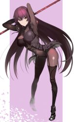 Rule 34 | 1girl, armor, armpits, arms up, bodysuit, boots, breasts, covered navel, fate/grand order, fate (series), full body, hair between eyes, hareno chiame, impossible bodysuit, impossible clothes, large breasts, leaning forward, long hair, looking at viewer, pauldrons, petals, polearm, purple hair, red eyes, scathach (fate), shoulder armor, smile, solo, standing, very long hair, weapon