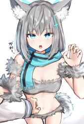 Rule 34 | 1girl, absurdres, alternate costume, animal ear fluff, animal ears, bare shoulders, bikini, blue archive, blue eyes, blue halo, blue scarf, breasts, bright pupils, caffeinechara, cleavage, cross hair ornament, fur bikini, grey bikini, grey hair, hair ornament, halo, highres, looking at viewer, medium breasts, navel, open mouth, scarf, shiroko (blue archive), simple background, solo focus, swimsuit, tail, teeth, thighs, upper teeth only, white background, white pupils