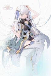 Rule 34 | 1girl, absurdres, bare shoulders, blush, breasts, dress, earrings, full body, grey hair, hand on own head, highres, jewelry, jinhsi (wuthering waves), long hair, looking at viewer, medium breasts, mole, mole on cheek, ribbon, silver (chenwen), simple background, sitting, solo, thighhighs, twintails, very long hair, white background, white eyes, white thighhighs, wuthering waves