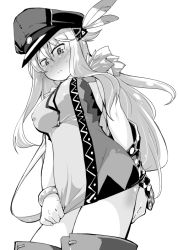 Rule 34 | 10s, 1girl, alternate costume, bismarck (kancolle), blush stickers, breasts, crying, crying with eyes open, gloves, greyscale, hat, isshitaira, kantai collection, large breasts, long hair, monochrome, peaked cap, solo, tears