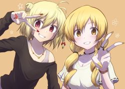 Rule 34 | 2girls, aged up, ahoge, ayano rika, blonde hair, breasts, choker, cleavage, copyright request, drill hair, ear piercing, earrings, fingernails, gold necklace, gyaru, highres, jewelry, long fingernails, looking at viewer, mahou shoujo madoka magica, medium breasts, multiple girls, multiple piercings, multiple rings, nail polish, necklace, off shoulder, piercing, red eyes, red nails, ring, short braid, smile, tan background, tomoe mami, touyu (yuruyuruto), v, yellow nails