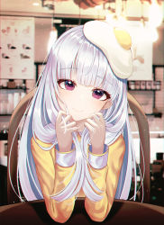 Rule 34 | 1girl, absurdres, beige headwear, blunt bangs, blurry, blurry background, blush, cafe, closed mouth, egg, elbow rest, hat, highres, holding, holding hair, huge filesize, indoors, jacket, long hair, long sleeves, looking at viewer, original, playing with own hair, red eyes, ryon y0421, sitting, smile, solo, table, upper body, white hair, white hat, wooden chair, wooden table, yellow jacket
