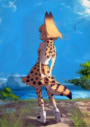 Rule 34 | 1girl, animal ears, arms behind back, bare shoulders, blonde hair, blue sky, commentary request, day, elbow gloves, from behind, full body, gloves, highres, kemono friends, outdoors, print scarf, print skirt, print thighhighs, scarf, serval (kemono friends), serval print, serval tail, shirt, short hair, signature, skirt, sky, sleeveless, sleeveless shirt, solo, standing, tail, takami masahiro, thighhighs, twitter username, white footwear, white shirt