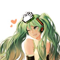 Rule 34 | 1girl, cursor, detached sleeves, disembodied limb, earphones, green eyes, green hair, hatsune miku, head pat, headpat, heart, highres, kky, long hair, matching hair/eyes, md5 mismatch, necktie, one eye closed, pixelated, robot ears, smile, solo, twintails, vocaloid, wink