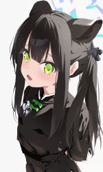 Rule 34 | 1girl, animal ears, black dress, black hair, blue archive, blue halo, blush, dress, extra ears, green eyes, halo, highres, kuu (user gngs5284), long hair, looking at viewer, open mouth, short sleeves, shun (blue archive), shun (small) (blue archive), simple background, solo, twintails, upper body, white background
