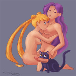 Rule 34 | 1990s (style), 2girls, age difference, artist name, between breasts, bishoujo senshi sailor moon, blonde hair, blue eyes, breasts, cat, censored, closed eyes, convenient censoring, dildo, earrings, homesliceron, hug, incest, inverted nipples, jewelry, kiss, kneeling, large breasts, long hair, luna (sailor moon), mature female, mother and daughter, multiple girls, nipples, nude, open mouth, purple hair, retro artstyle, sex toy, simple background, sitting, tsukino ikuko, tsukino usagi, yuri