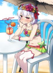 Rule 34 | bare arms, beach, belly, bikini, blush, braid, breasts, chair, child, cocktail, cocktail glass, cup, day, drinking glass, drinking straw, earrings, fate/grand order, fate (series), feet out of frame, flower, flower earrings, flower wreath, french braid, frilled bikini, frills, hair between eyes, hair flower, hair ornament, half-closed eye, head rest, highres, jewelry, kama (fate), kama (swimsuit avenger) (fate), legs together, midriff, multicolored bikini, multicolored clothes, navel, ocean, on chair, outdoors, pechimaru, pout, red eyes, short hair, silver hair, sitting, small breasts, sweatdrop, swimsuit, table, thighhighs, white thighhighs, wristband