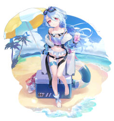 Rule 34 | 1girl, asymmetrical hair, bag, bare shoulders, beach, beach umbrella, belt, bikini, black belt, blue hair, blue jacket, blue nails, braid, breasts, character request, collarbone, cooler, copyright request, cup, disposable cup, drinking straw, eyelashes, eyewear on head, feet, frilled bikini, frills, full body, gradient bikini, hair ornament, hair over one eye, hairclip, highres, holding, holding cup, innertube, jacket, knees together feet apart, legs, long hair, long sleeves, looking at viewer, machico maki, nail polish, navel, off shoulder, outdoors, palm tree, parted bangs, pink eyes, see-through, see-through jacket, shadow, small breasts, solo, standing, standing on one leg, stomach, sunglasses, swept bangs, swim ring, swimsuit, thigh strap, thighs, toenail polish, toenails, toes, tree, umbrella