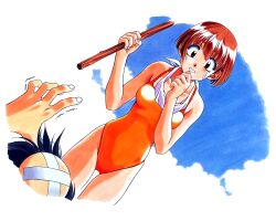 Rule 34 | 1990s (style), 1boy, 1girl, brown eyes, brown hair, day, grin, holding, holding stick, hoshino asuka, injury, kai tomohisa, non-web source, official art, one-piece swimsuit, orange one-piece swimsuit, outdoors, photoshop (medium), retro artstyle, sentimental graffiti, sky, smile, solo focus, standing, stick, sweatdrop, swimsuit