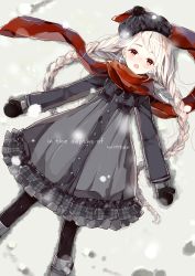 Rule 34 | 1girl, :o, bad id, bad pixiv id, beanie, boots, braid, coat dress, dress, frilled dress, frills, gomzi, grey hair, hat, lying, mittens, on back, original, pantyhose, red eyes, red scarf, scarf, snow, solo, twin braids, winter