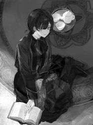 Rule 34 | 1girl, absurdres, alter ego (game), book, boots, braid, braided ponytail, cup, es (alter ego), gloves, greyscale, hair over shoulder, highres, itou (golem inc), long bangs, long hair, monochrome, official art, on floor, single braid, sitting, solo, teacup, teapot, tray, white gloves