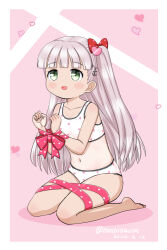 Rule 34 | 1girl, bound, bow, bra, green eyes, grey hair, hair bow, kantai collection, kneeling, long hair, maestrale (kancolle), masara (chuujou), one-hour drawing challenge, one-piece tan, one side up, panties, polka dot, polka dot ribbon, red bow, red ribbon, ribbon, solo, sports bra, tan, tanline, tied up (nonsexual), underwear, underwear only, white bra, white panties