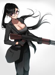 Rule 34 | 1girl, absurdres, black-framed eyewear, black gloves, black hair, black jacket, black pants, black shirt, breasts, cizzi, cleavage, closed mouth, commentary request, floating hair, glasses, gloves, gradient background, grey background, gun, highres, holding, holding gun, holding weapon, jacket, long hair, long sleeves, looking at viewer, medium breasts, minakata hizuru, mole, mole under mouth, open clothes, open jacket, pants, ponytail, purple eyes, shirt, solo, summertime render, very long hair, weapon, weapon request, white background