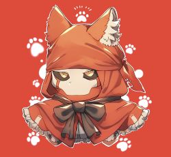 Rule 34 | 1boy, animal ear fluff, animal ears, animification, apex legends, black bow, black sclera, bow, capelet, classic revenant, colored sclera, cosplay, highres, humanoid robot, kemonomimi mode, little red riding hood, little red riding hood (grimm), little red riding hood (grimm) (cosplay), no humans, orange eyes, paw print, portrait, red background, red capelet, revenant (apex legends), robot, simulacrum (titanfall), solo, wankonabe, wolf boy, wolf ears